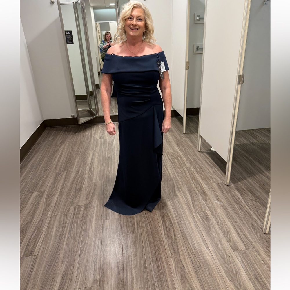 Xscape Navy Blue Off-Shoulder Gown for Weddings/Formal Events - Picture 6 of 8